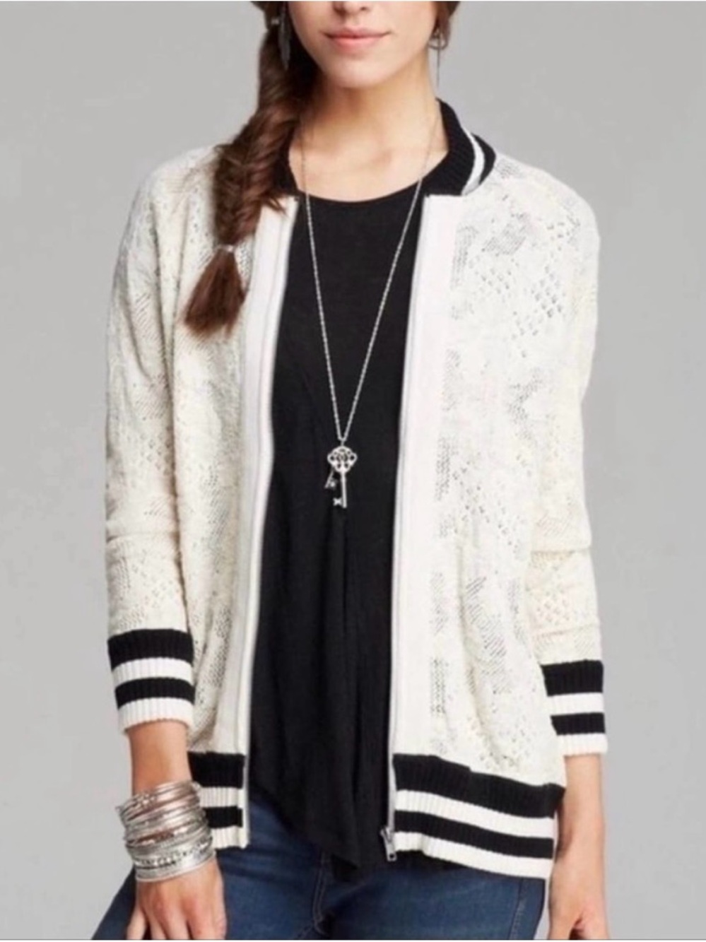 Free People White Lace Knit zip Bomber Cardigan with Black Trim